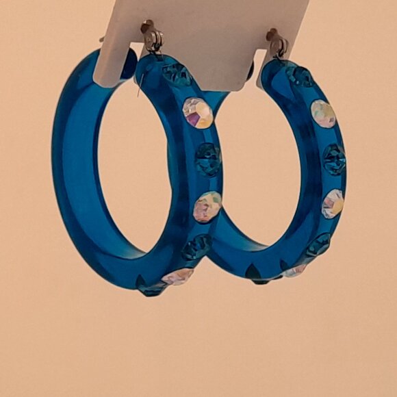 chunky blue zircon Lucite Acrylic wide 1.5 Hoop Latch Back Fashion Earrings - Picture 2 of 4